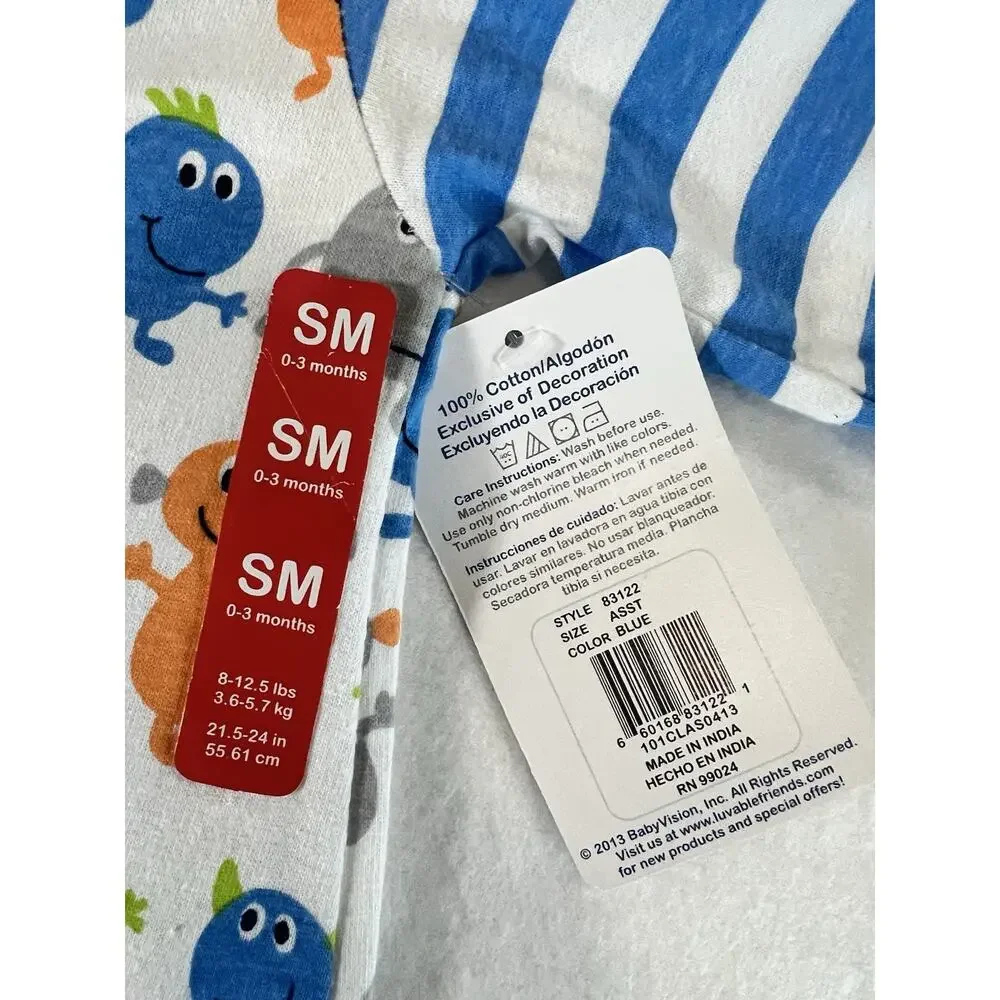 Luvable Friends 0-3 Months 100% Cotton Footed Sleeper Monster Print Snap